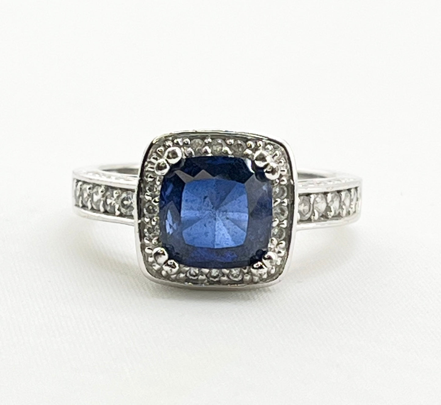 925 Sterling Silver Two Carat Blue Sapphire With CZ Halo ring