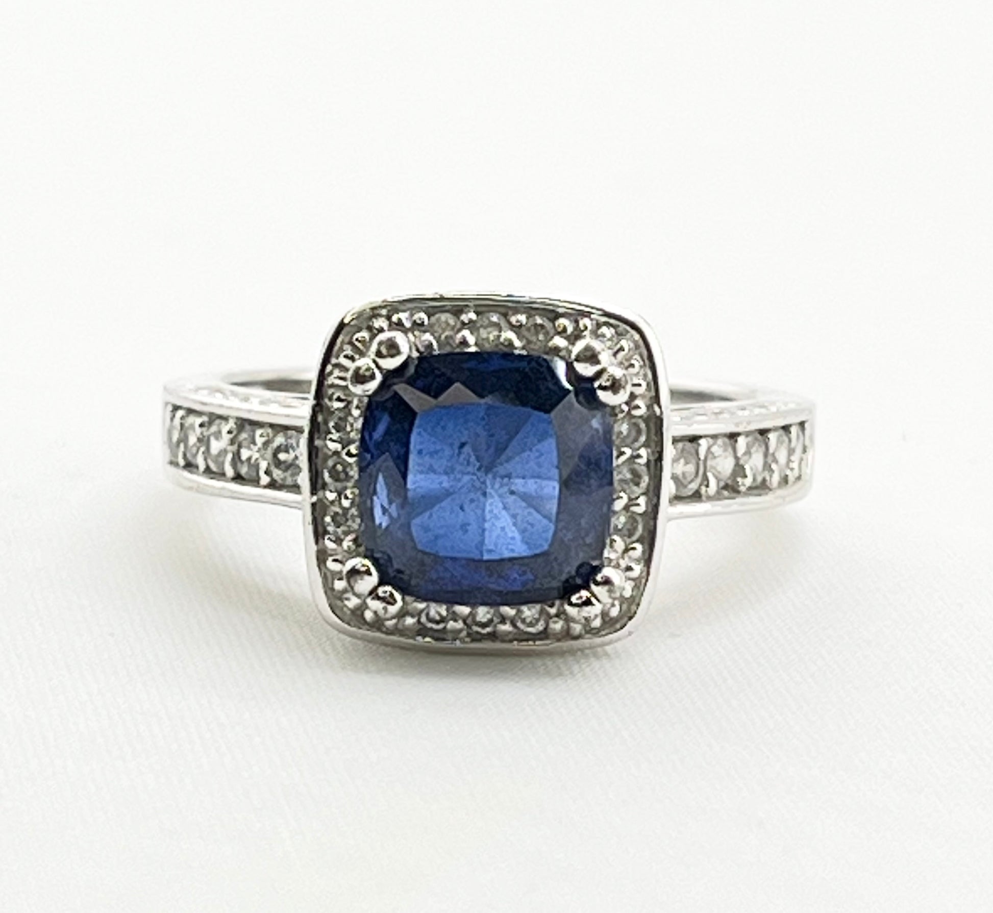 925 Sterling Silver Two Carat Blue Sapphire With CZ Halo ring