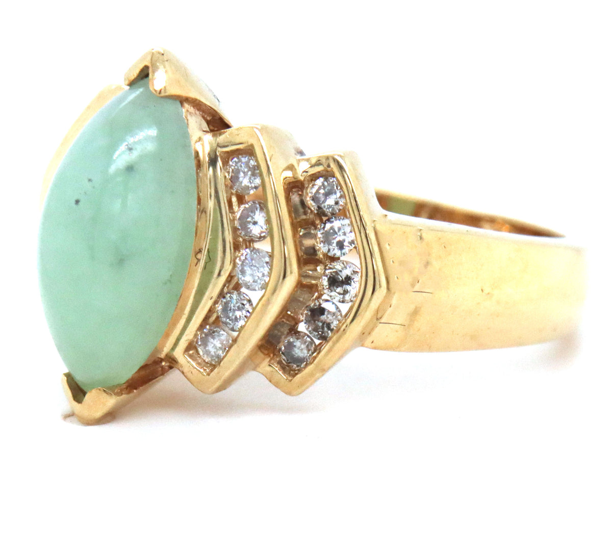 14kt Yellow gold marquise Jade and channel set diamond ring