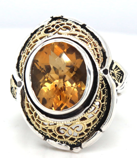 Bezel set oval Citrine open art Filigree cocktail ring