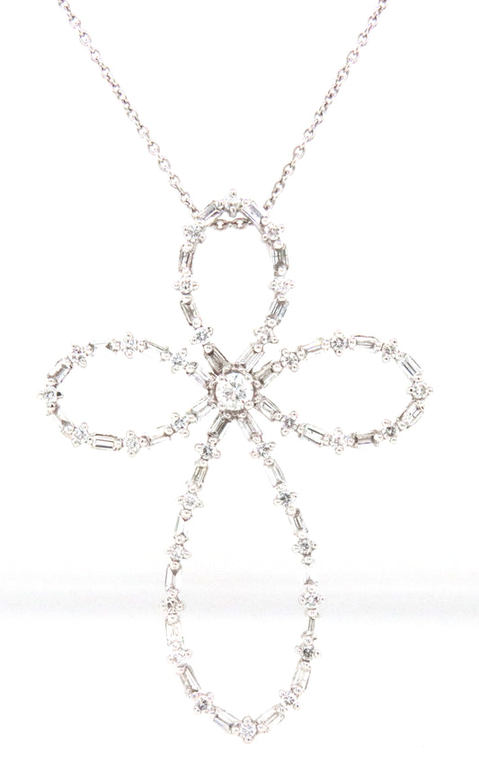 14KT White Gold Unique Loop Design Cross With Round And Baguette Cut Diamonds Pendant With chain