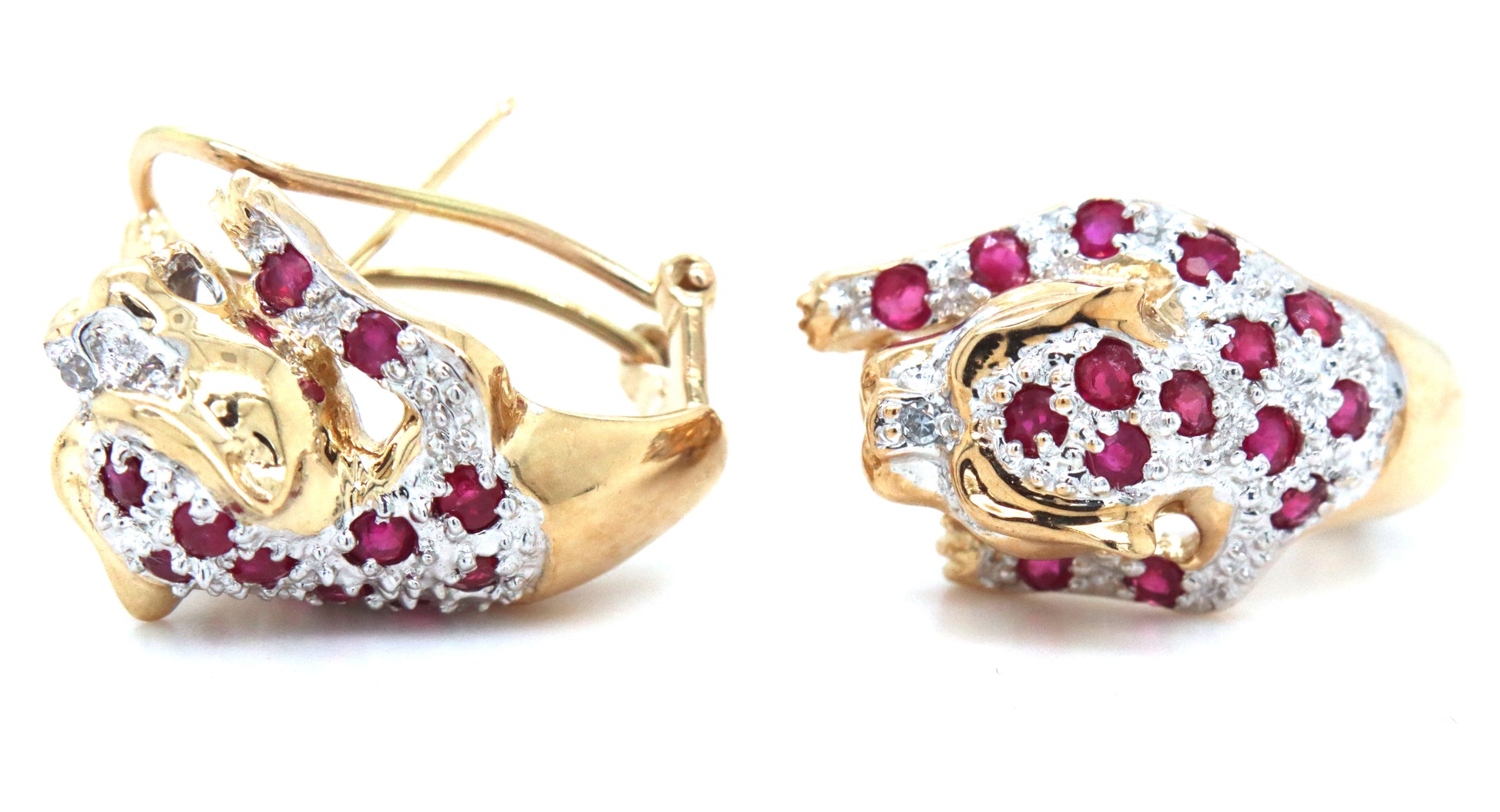 Set of 14kt Yellow gold ruby and diamond panther ring and matching earrings