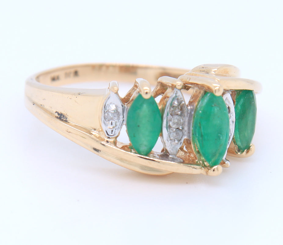 Gorgeous Yellow Gold Marquise Emerald and Diamond Dome Cocktail Ring
