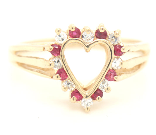 14kt Yellow gold ruby and diamond open heart ring