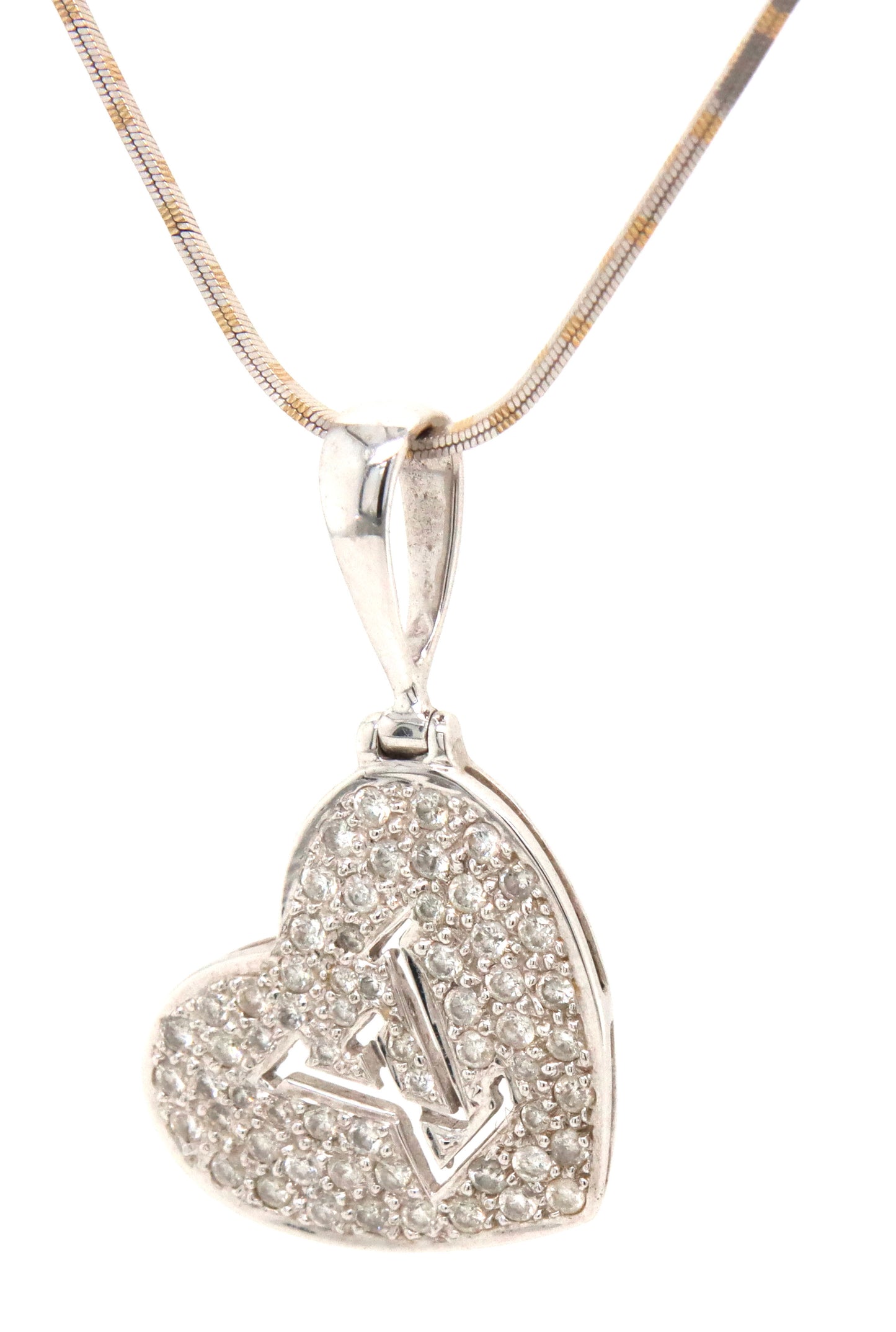 18kt White gold LV diamond heart shaped pendant on Italian chain necklace