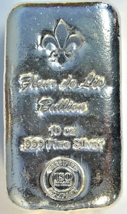 10 Troy Oz .999 Fine Silver Poured Bar – Fleur de Lis Design – Pure Silver