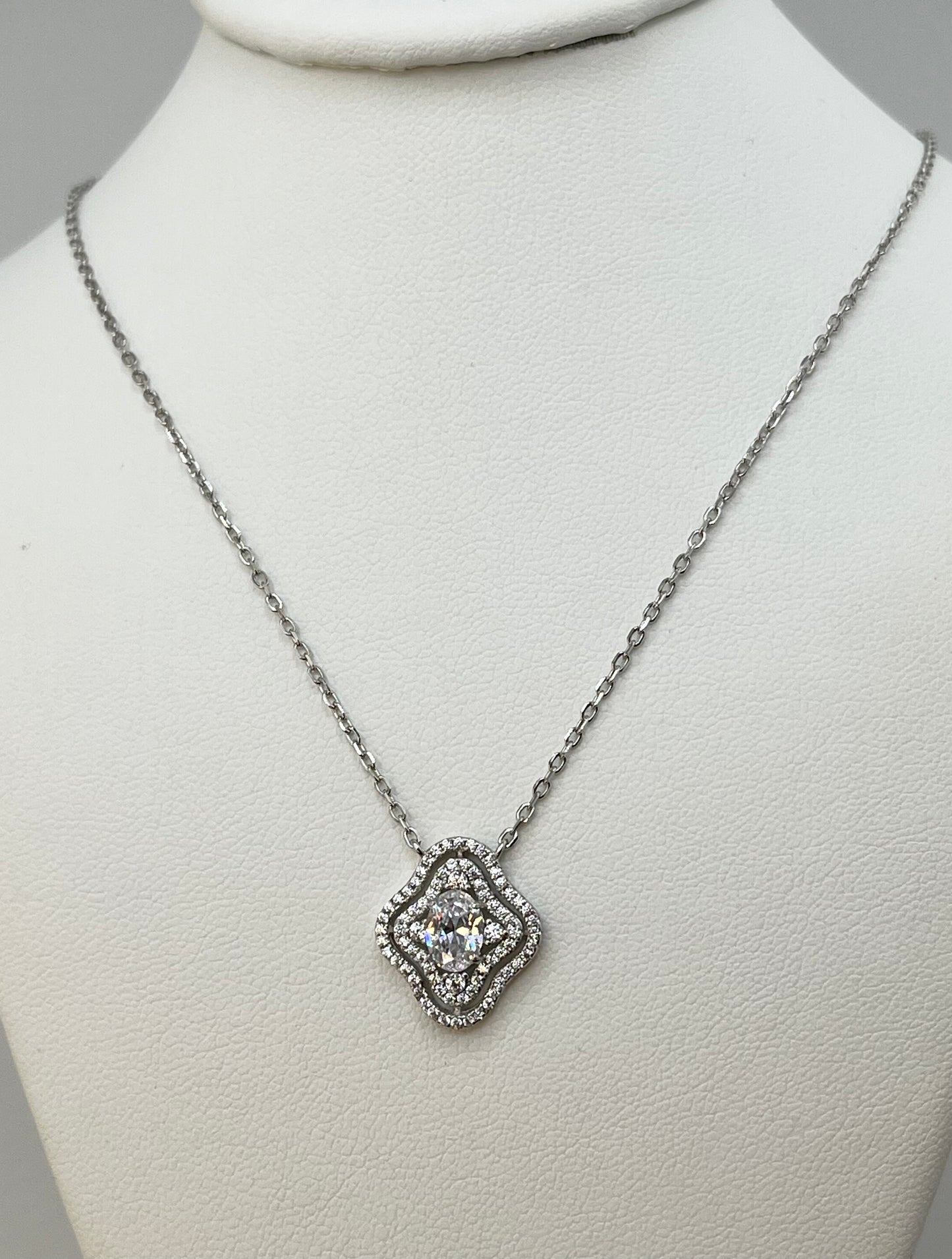 925 Sterling Silver Oval Shape Center Crystal Pendant With Doble Halo Design Necklace