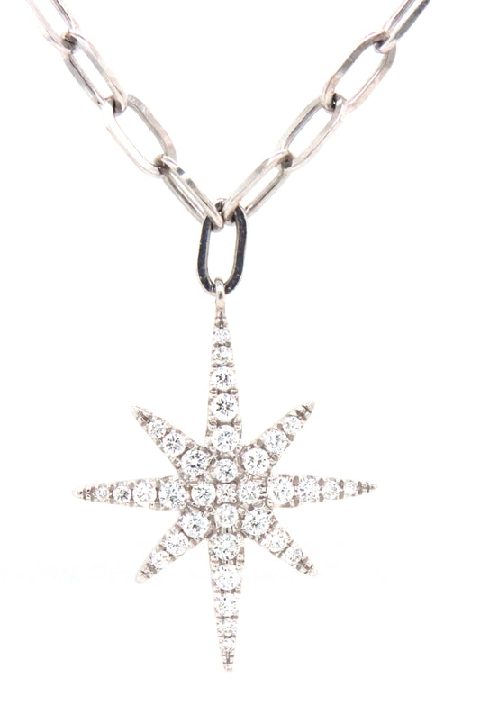 14KT White Gold S. Kashi & Sons Ntural Diamond Starburst Pendant With Paperclip Chain Necklace