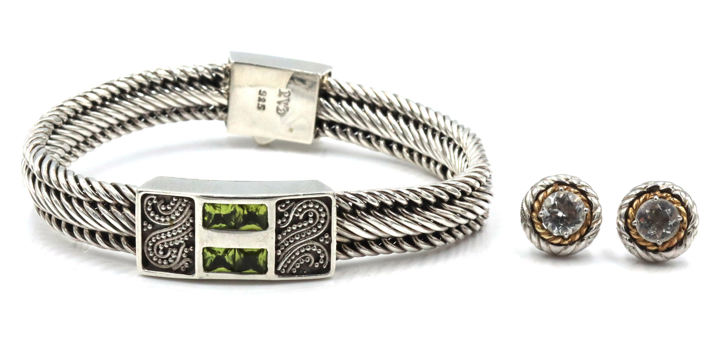 925 Sterling silver signed woven bracelet and cubic zirconia stud earrings