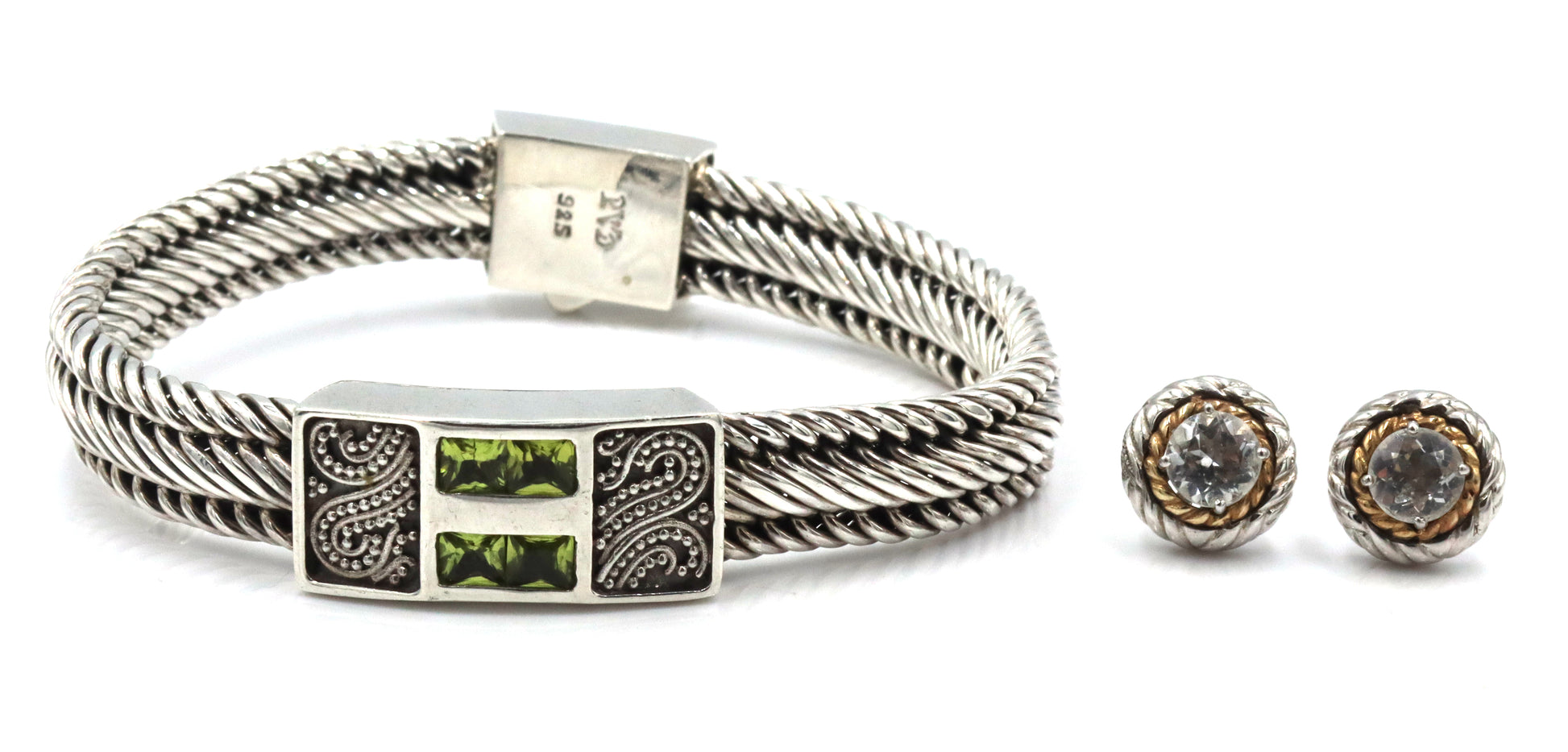 925 Sterling silver signed woven bracelet and cubic zirconia stud earrings