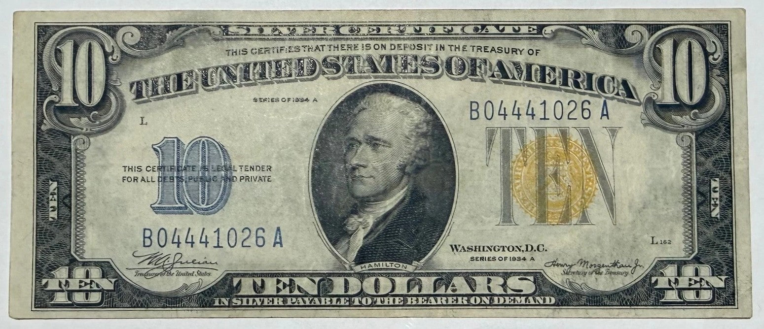1934-A $10 Silver Certificate Alexander Hamilton U.S. Large Blue Seal Note Circulated