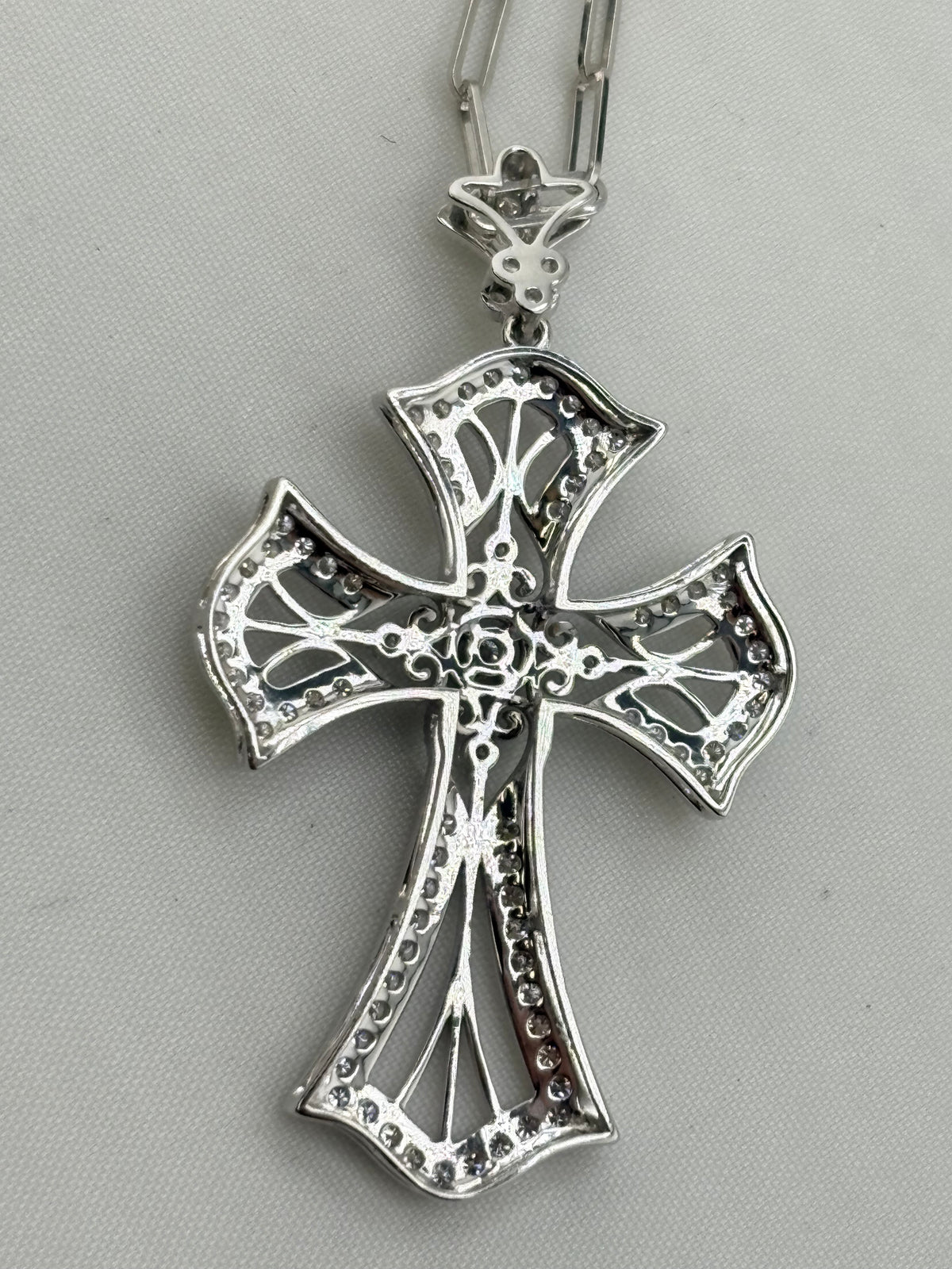 14KT White Gold Ornate Gothic Natural Diamond Pave Cross With Beautifil Paper Clip Chain Necklace
