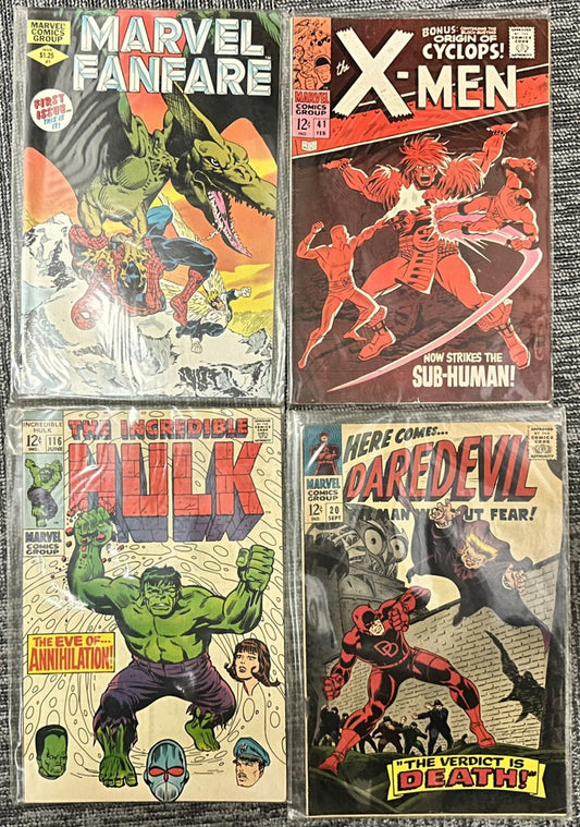 Vintage Marvel Comic Book Lot of 4 X-Men #41, Daredevil #20, Hulk #116, Marvel Fanfare #1