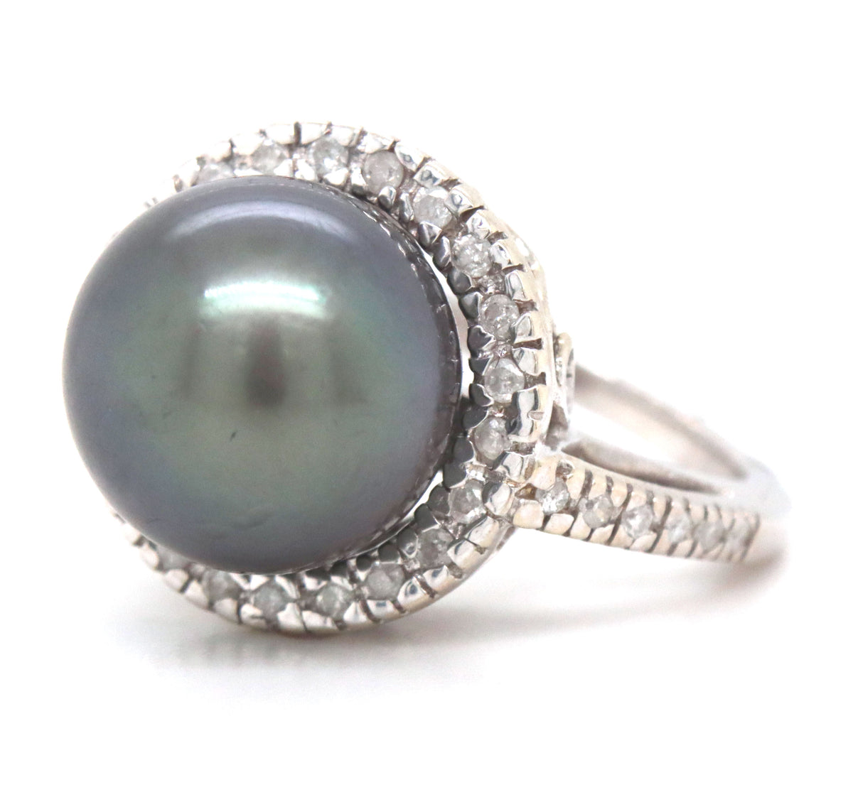 14kt White Gold Grey Tahitian Pearl and Diamond Halo Ring