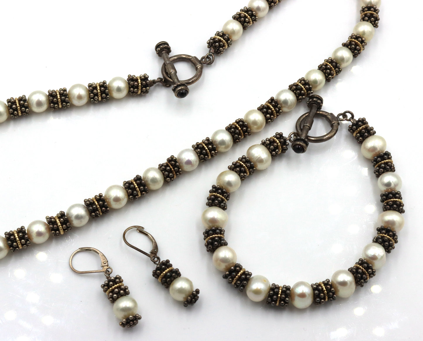 Set of Vintage 925 sterling silver pearl beaded necklace, bracelet and earrings