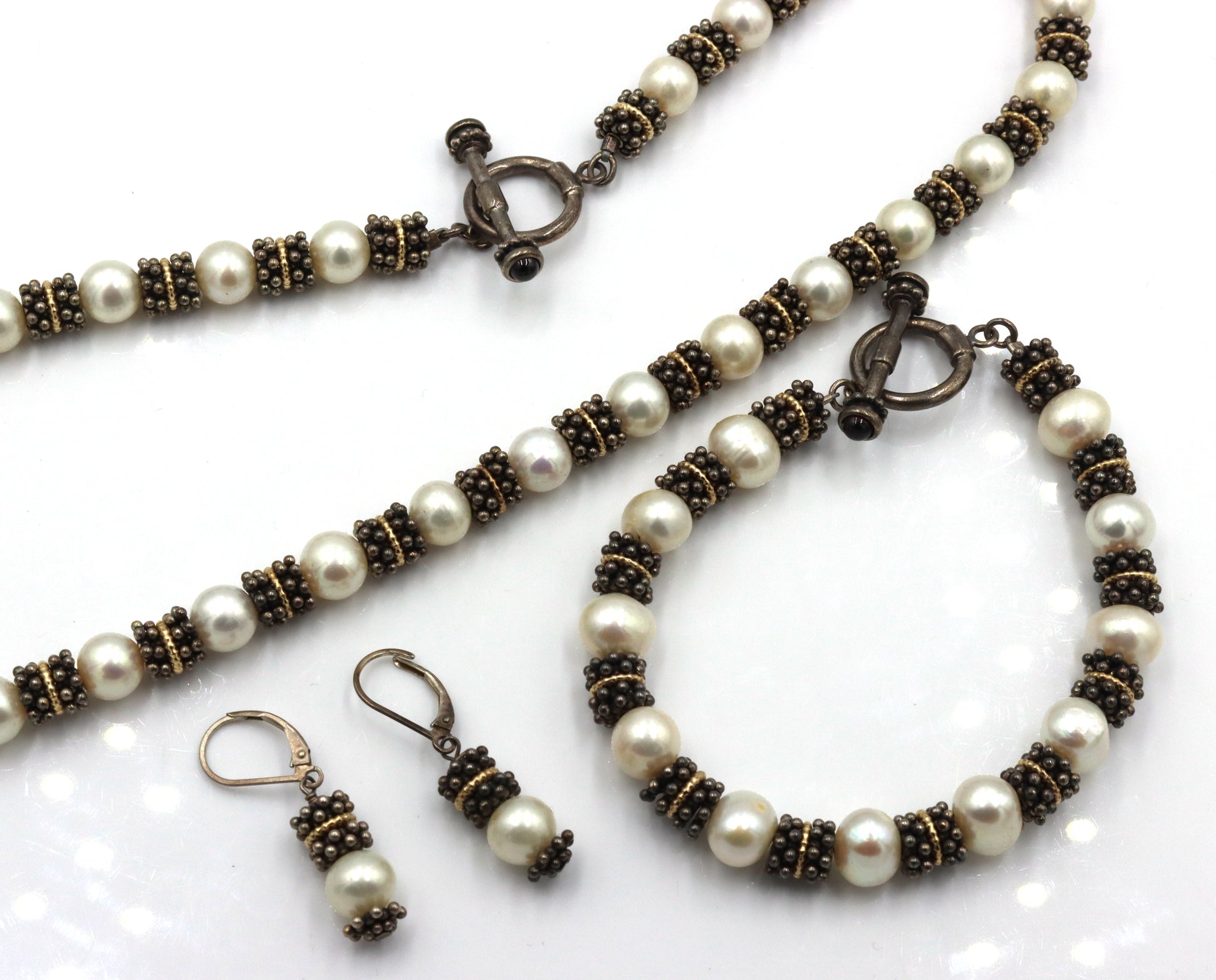 Set of Vintage 925 sterling silver pearl beaded necklace, bracelet and earrings
