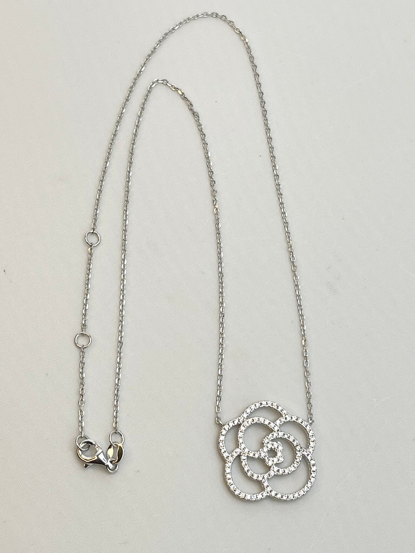 925 Sterling Silver Crystal Pave Camelia Flower Pendant