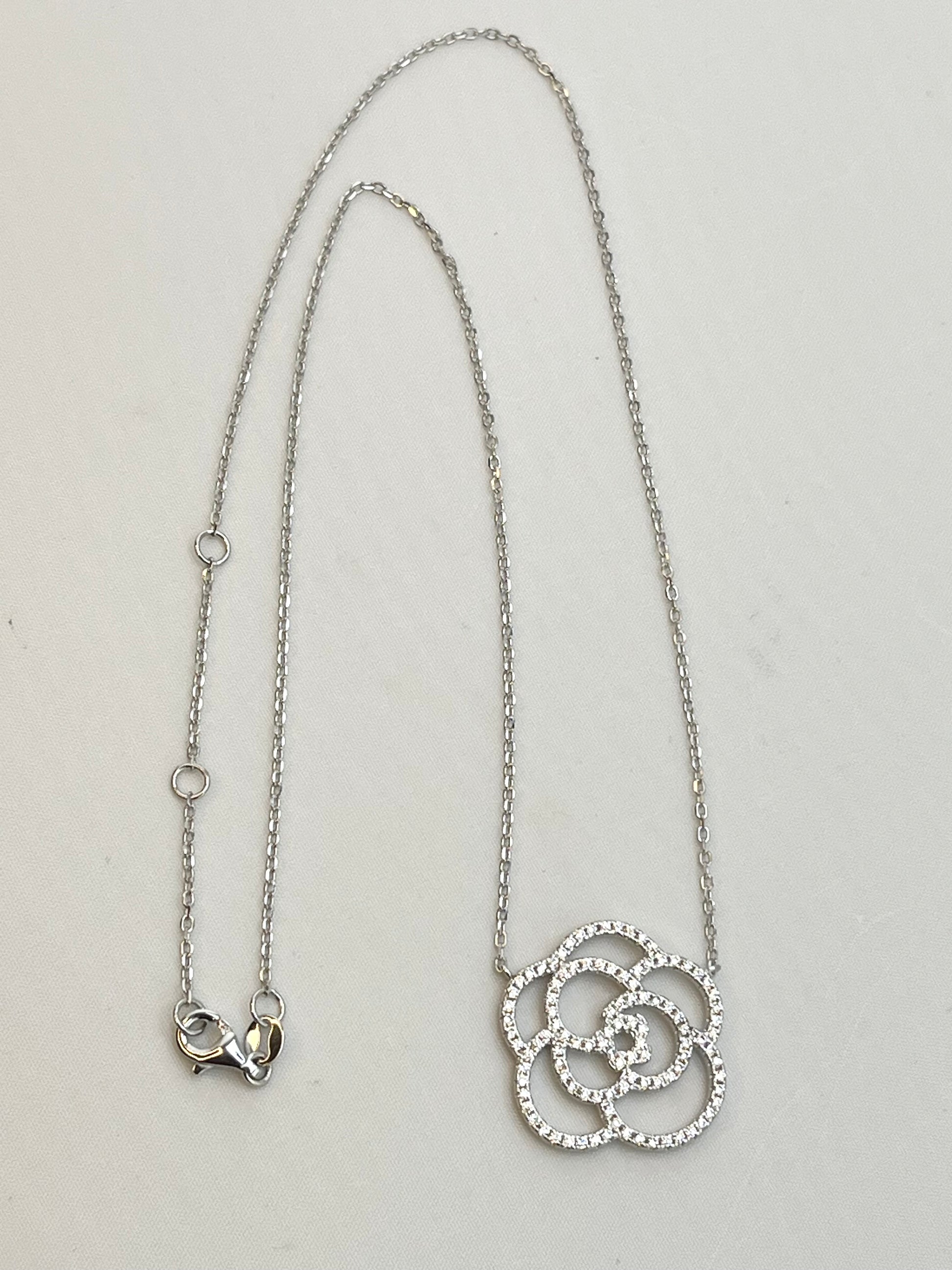 925 Sterling Silver Crystal Pave Camelia Flower Pendant