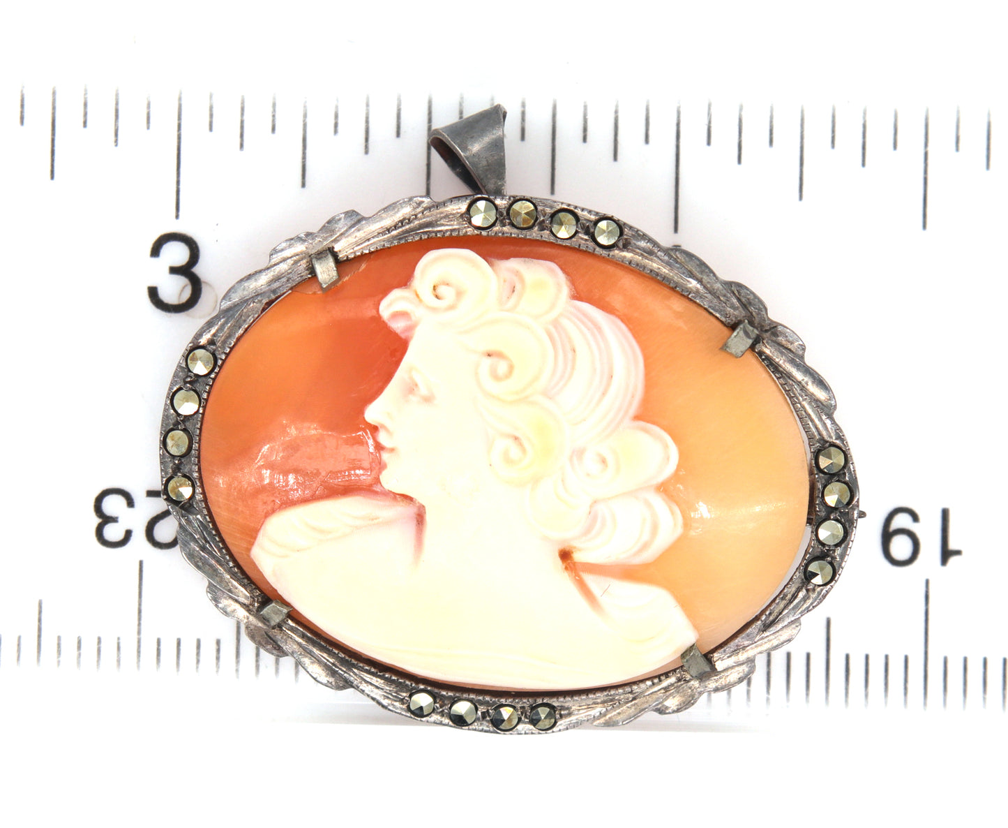 925 Sterling silver Carved shell Cameo pendant brooch with Marcasite