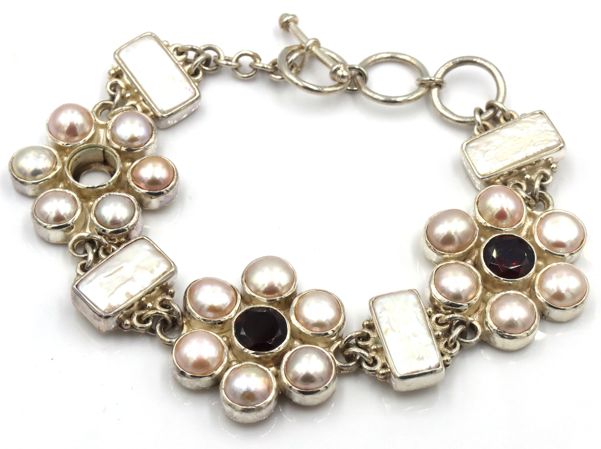 925 Sterling silver Sejan signed pearl flower style link toggle bracelet
