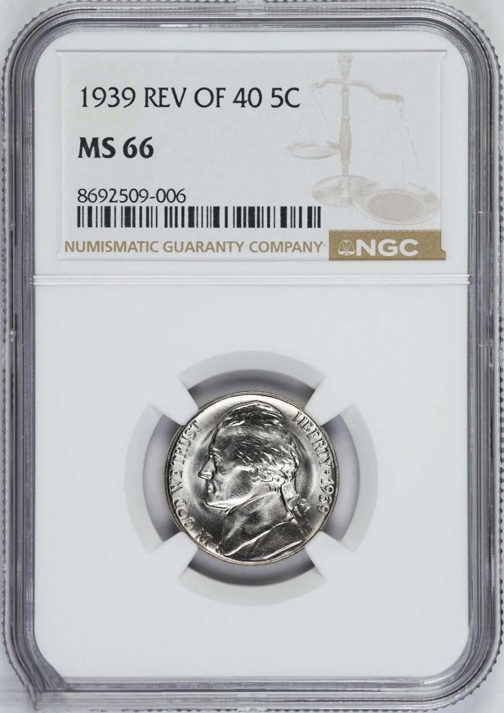 1939 Jefferson Nickel NGC MS66 Reverse of 1940 Variety (Rev. of '40) GEM BU White