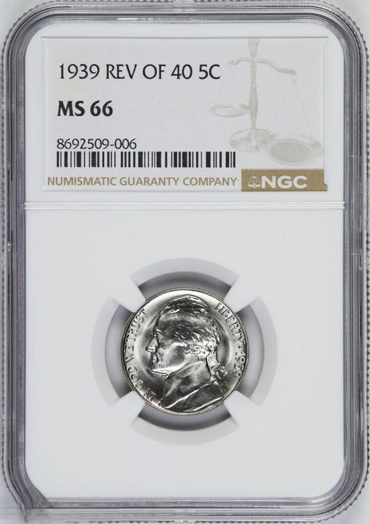 1939 Jefferson Nickel NGC MS66 Reverse of 1940 Variety (Rev. of '40) GEM BU White