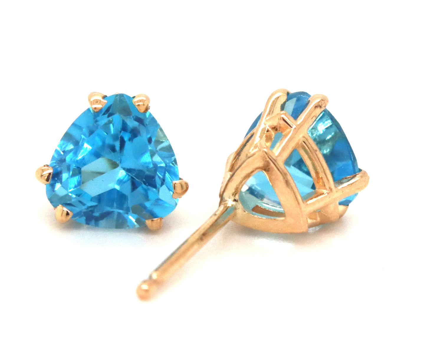 14kt Yellow gold Trillion cut Swiss blue topaz stud earrings