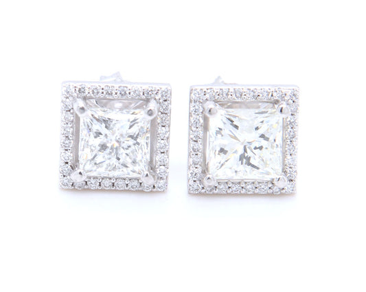 14kt White gold 2.13ctw princess cut diamond studs with halos