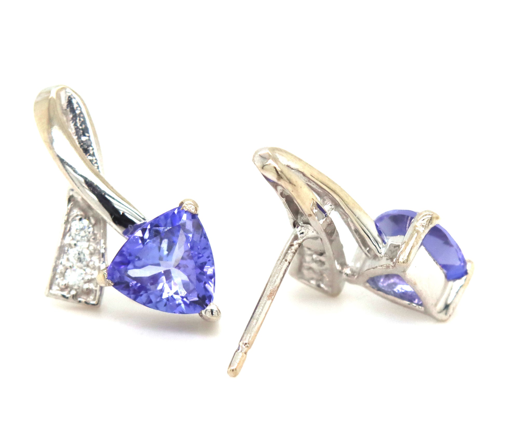 14kt White gold Trillion tanzanite and diamond stud earrings