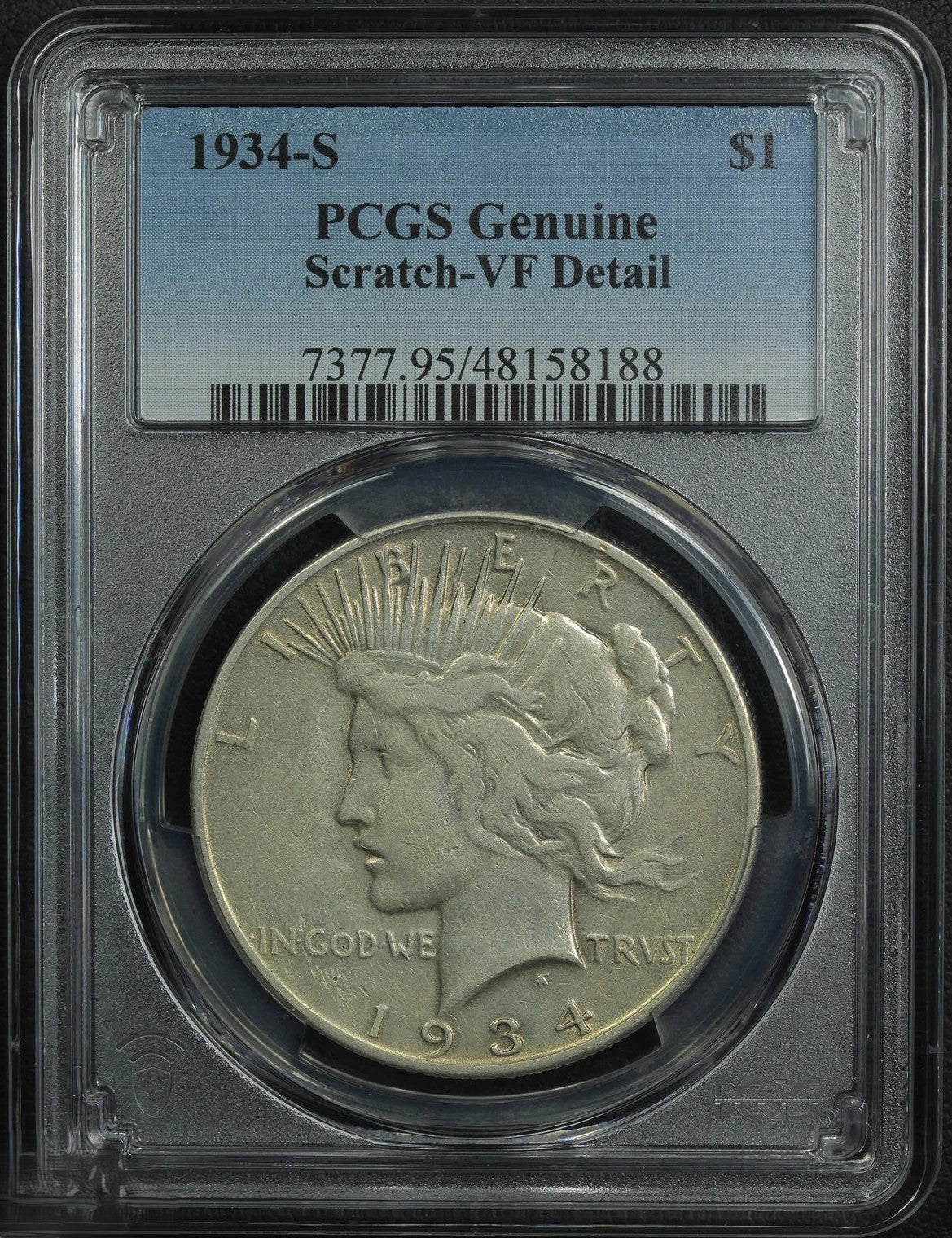 1934-S Peace Silver Dollar PCGS Genuine Scratch VF Detail