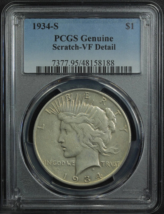 1934-S Peace Silver Dollar PCGS Genuine Scratch VF Detail