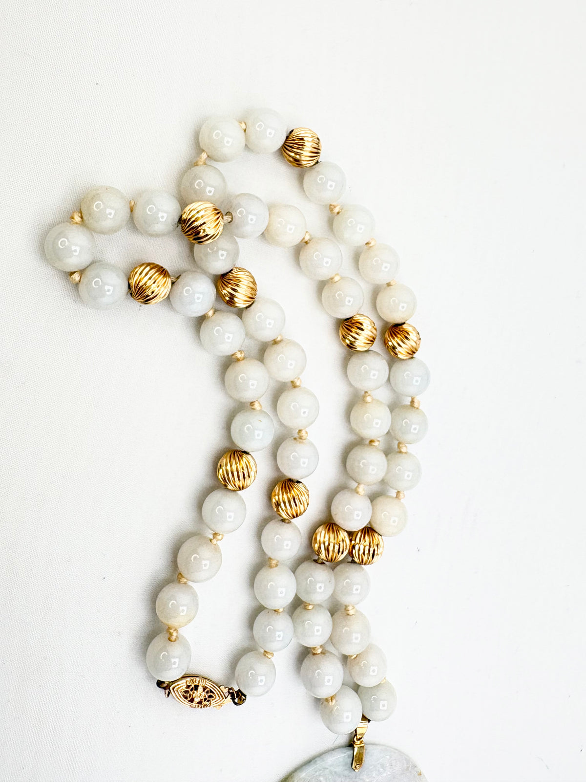 14KT Yellow Gold Vintage Light Green  Jade Accented With Textured Gold Balls Spacer And a Large Disk