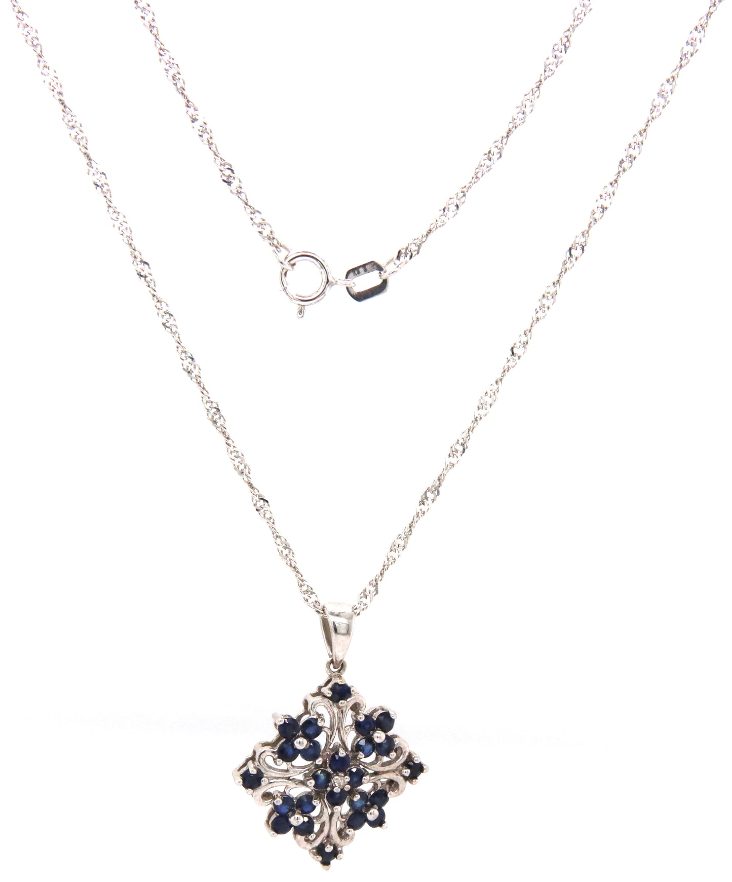 10kt White gold blue sapphire pendant on rope chain necklace