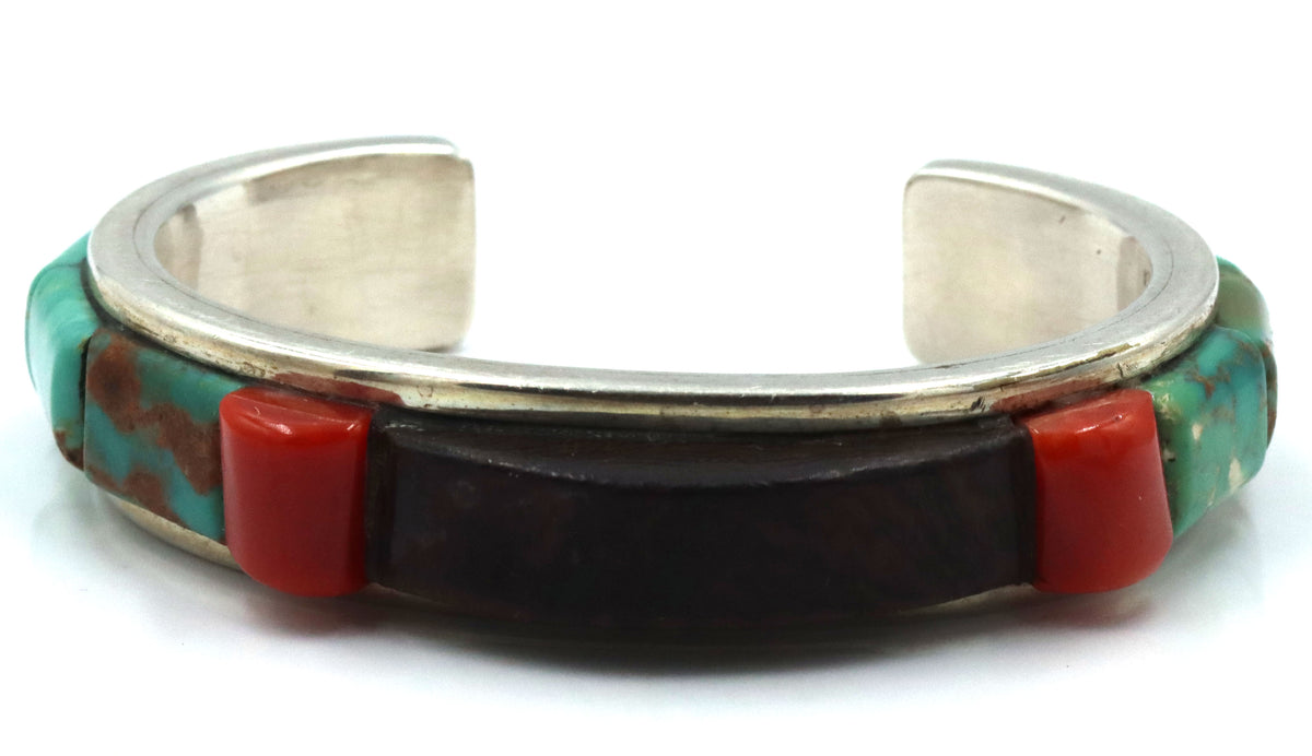 Lyndon B. Tsosie 925 Sterling Silver Vintage Tufacast Turquoise Coral And Jet Cuff Bracelet