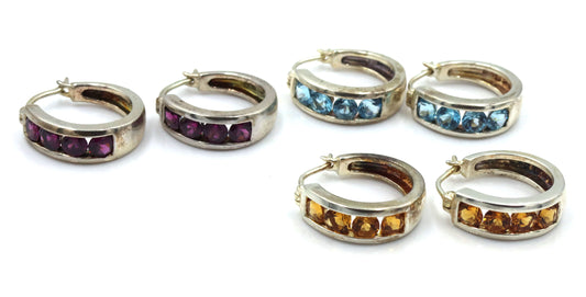 3 Pairs of 925 sterling silver cubic zirconia hoop earrings