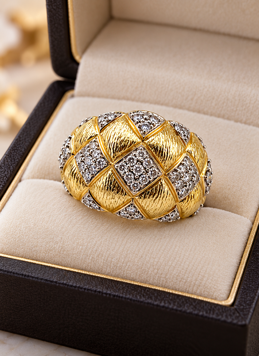 14KT Yellow Gold Quilted Dome Diamond Pave Ring