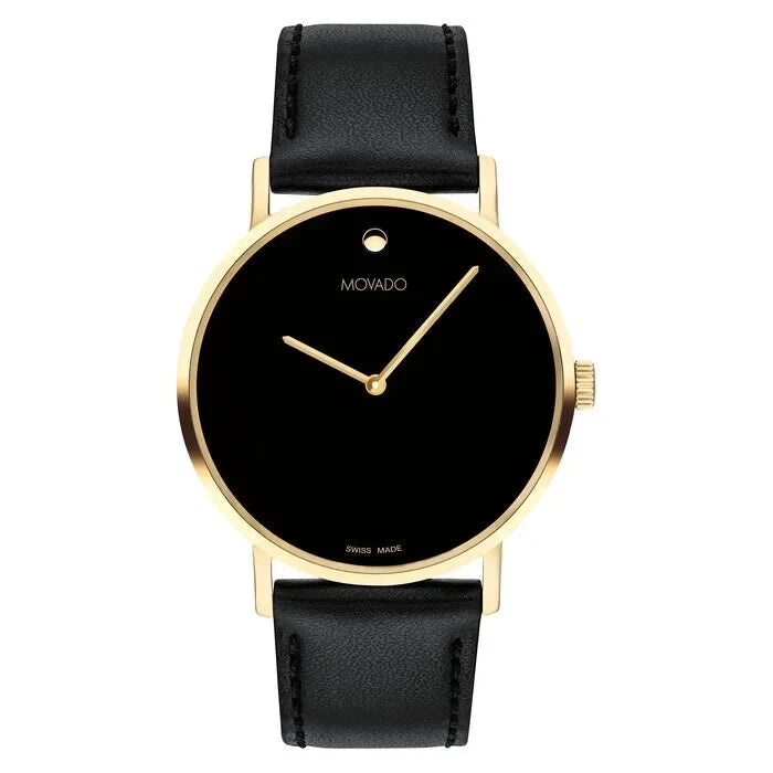 Movado Signature Men’s Gold-Tone Watch with Black Leather Strap | Swiss Made