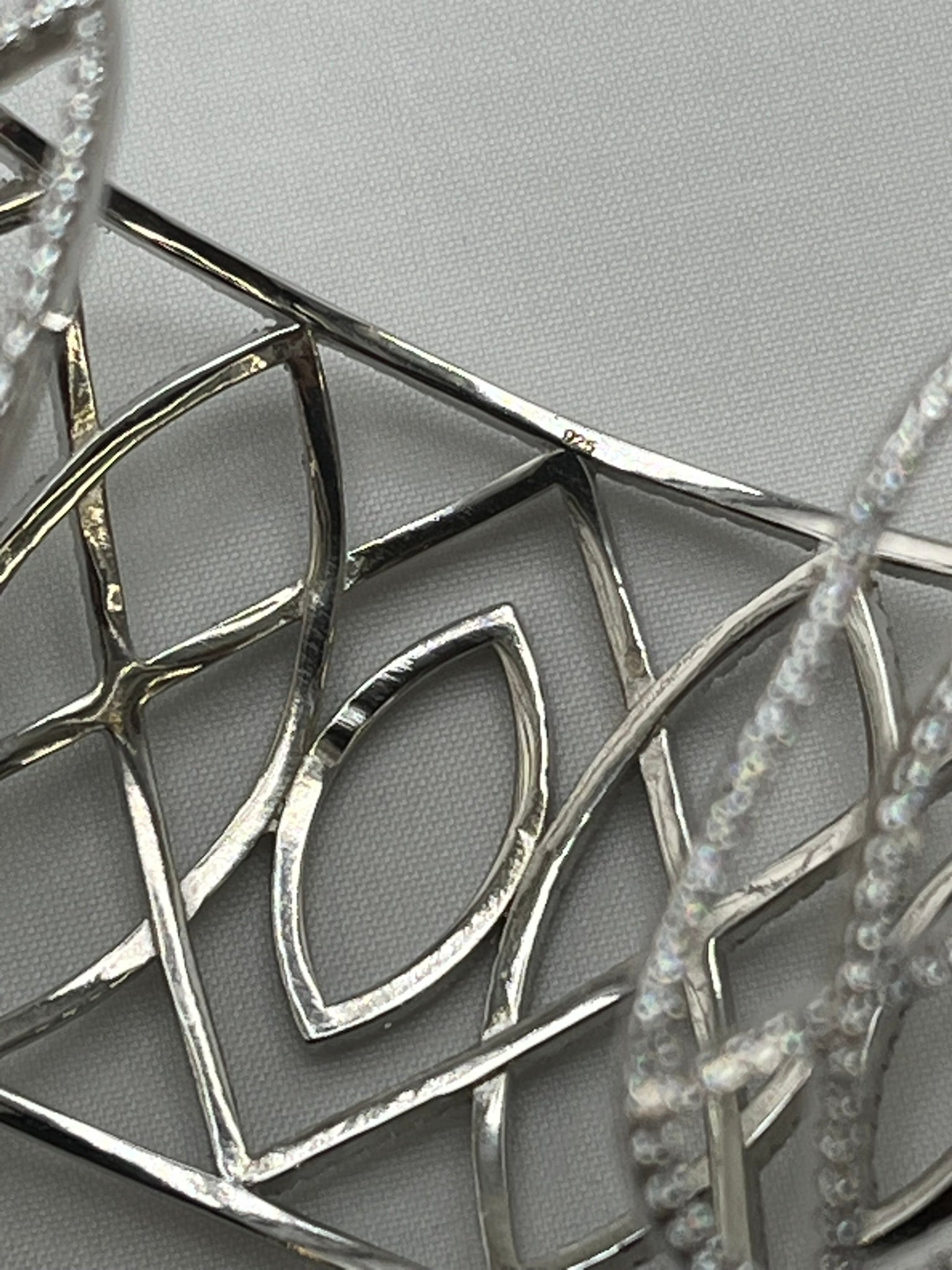 925 Sterling Silver Rhinestone Oval And Rhombus Design Wide Cuff Bracelet