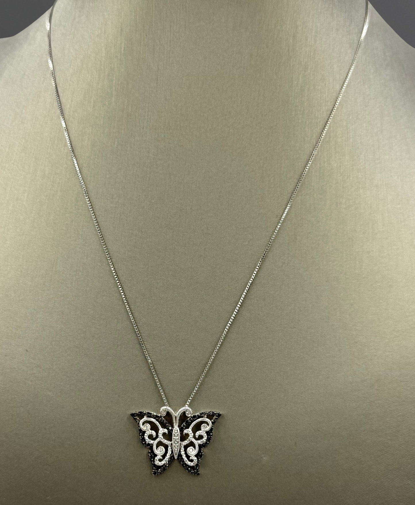 925 Sterling silver black and white diamond butterfly pendant on chain