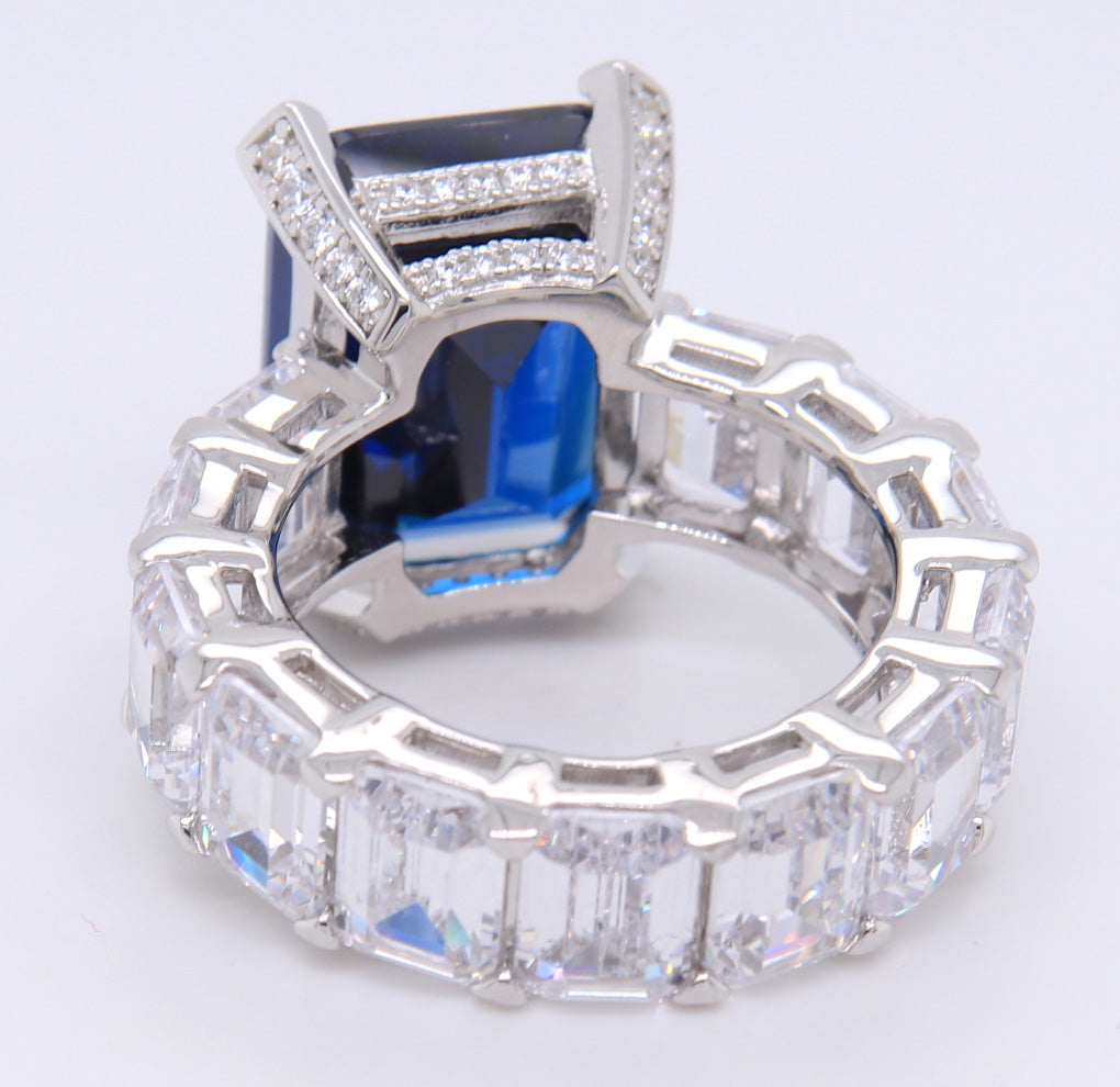 Sterling Silver Emerald Cut Navy Blue Ring with White Cubic Zirconia Band