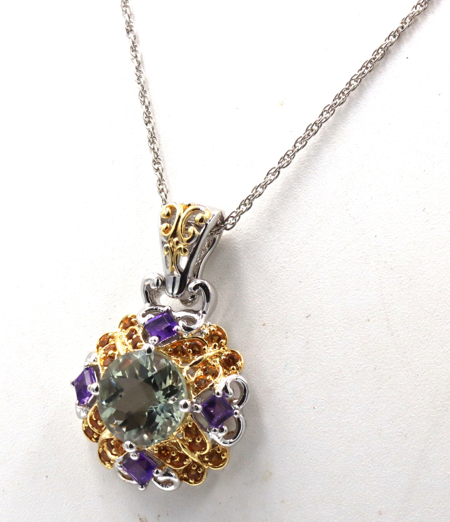 925 Sterling silver signed multi color stone pendant on chain