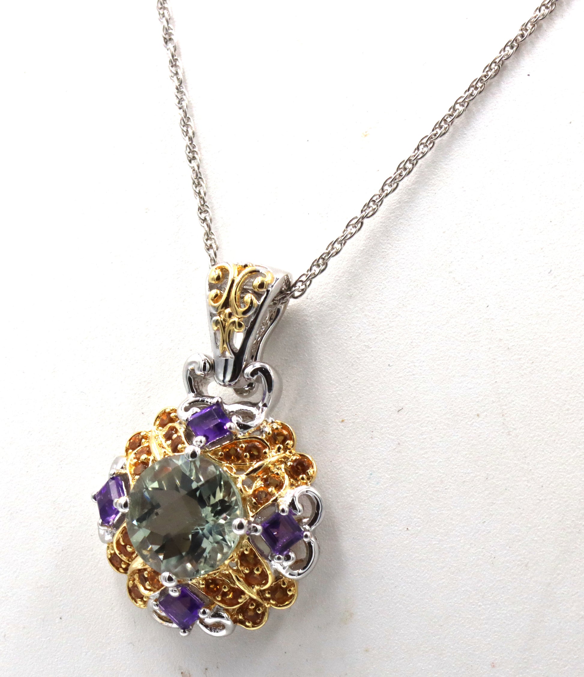 925 Sterling silver signed multi color stone pendant on chain