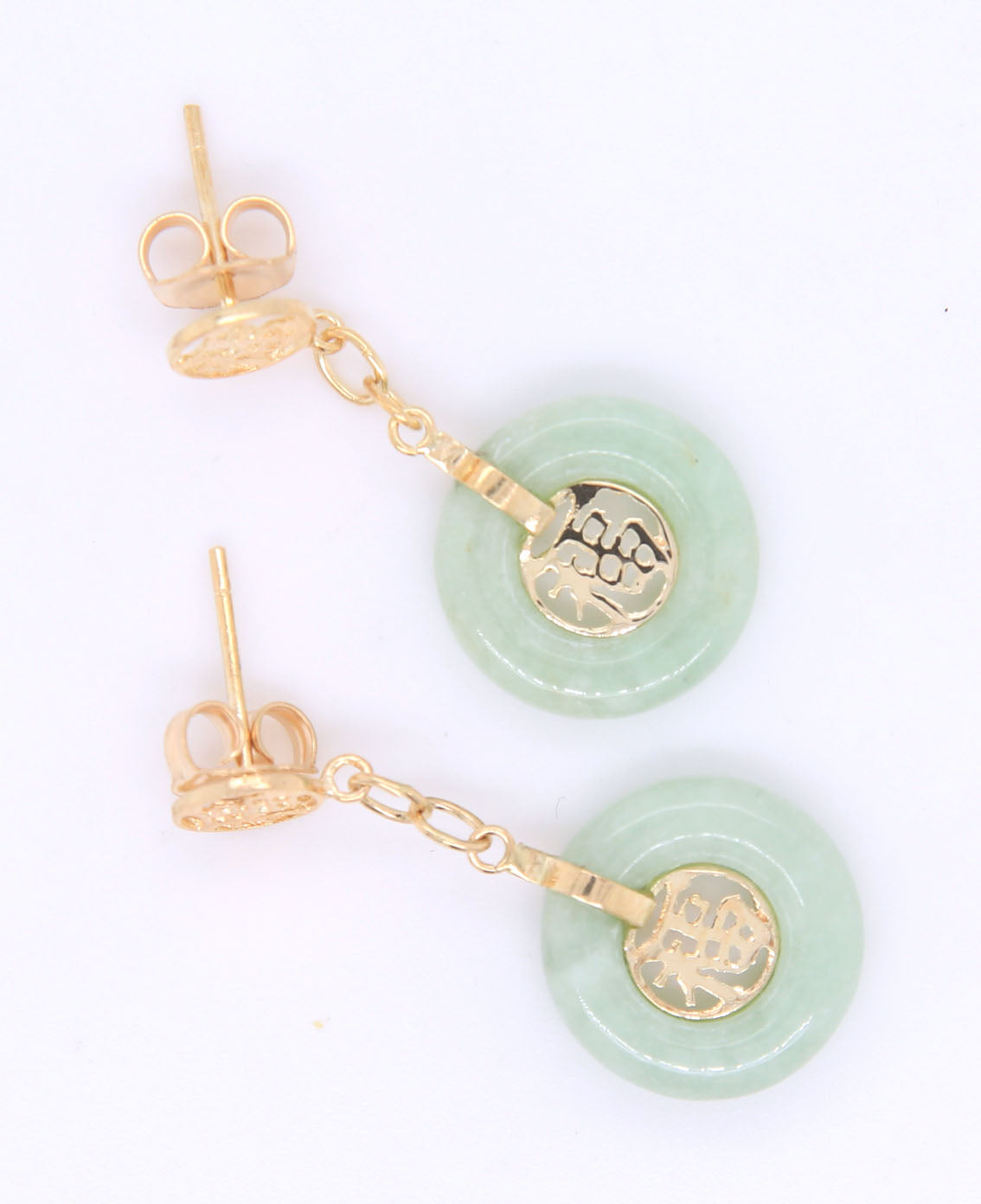 Handsome Yellow Gold Round Donut Good Fortune Green Jade Disc Dangle Earrings