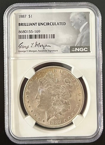 1887 Morgan Silver Dollar NGC Brilliant Uncirculated George T. Morgan Label