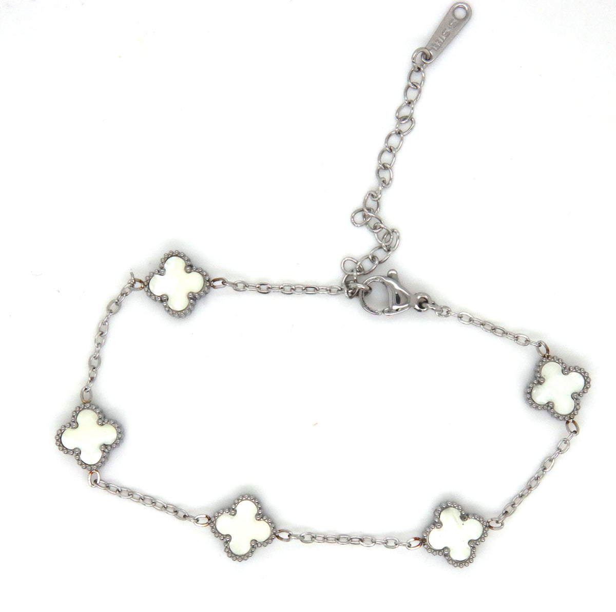 Stainless steel white stone clover bracelet