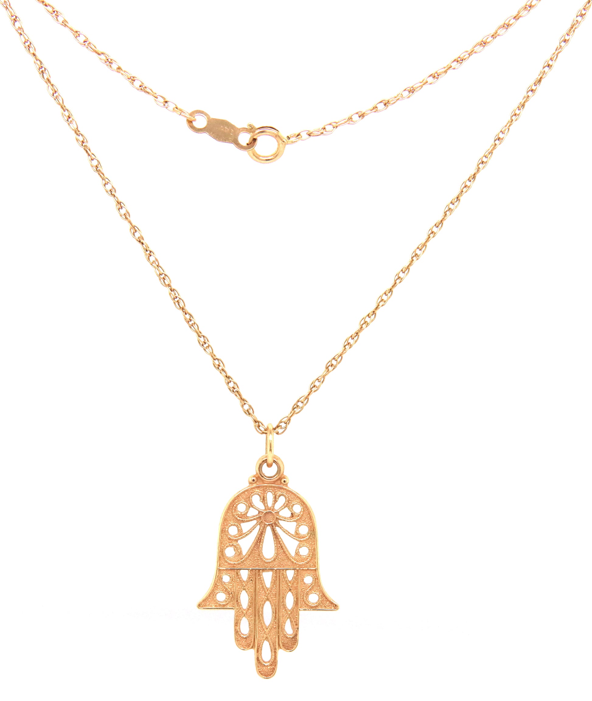 14kt Yellow gold Hamsa pendant on rope chain necklace