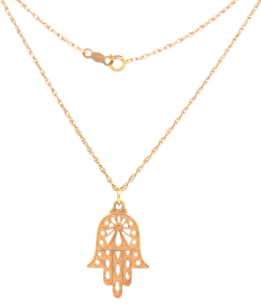14kt Yellow gold Hamsa pendant on rope chain necklace