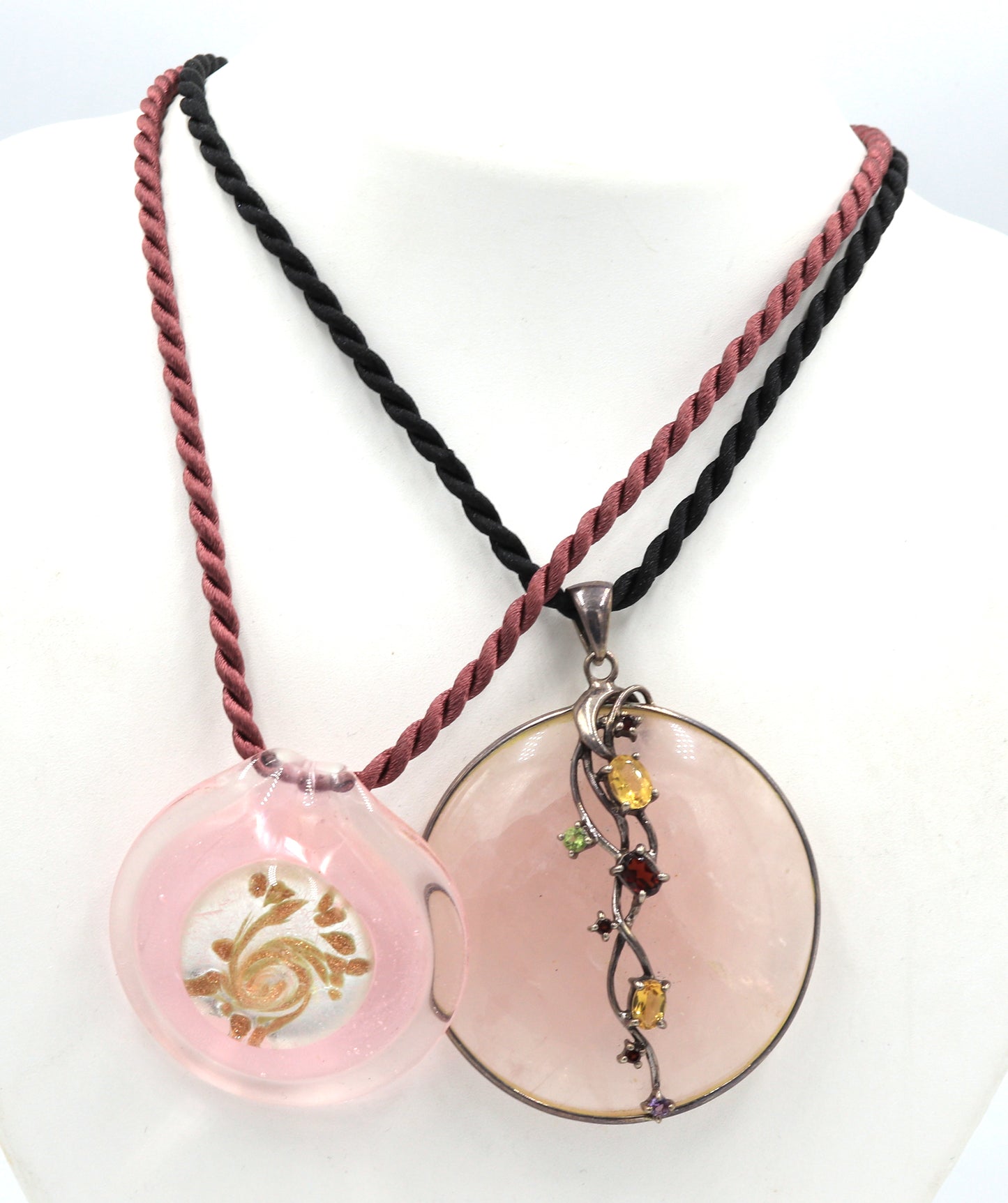 Group lot of 2 rose quartz pendants on cord necklaces