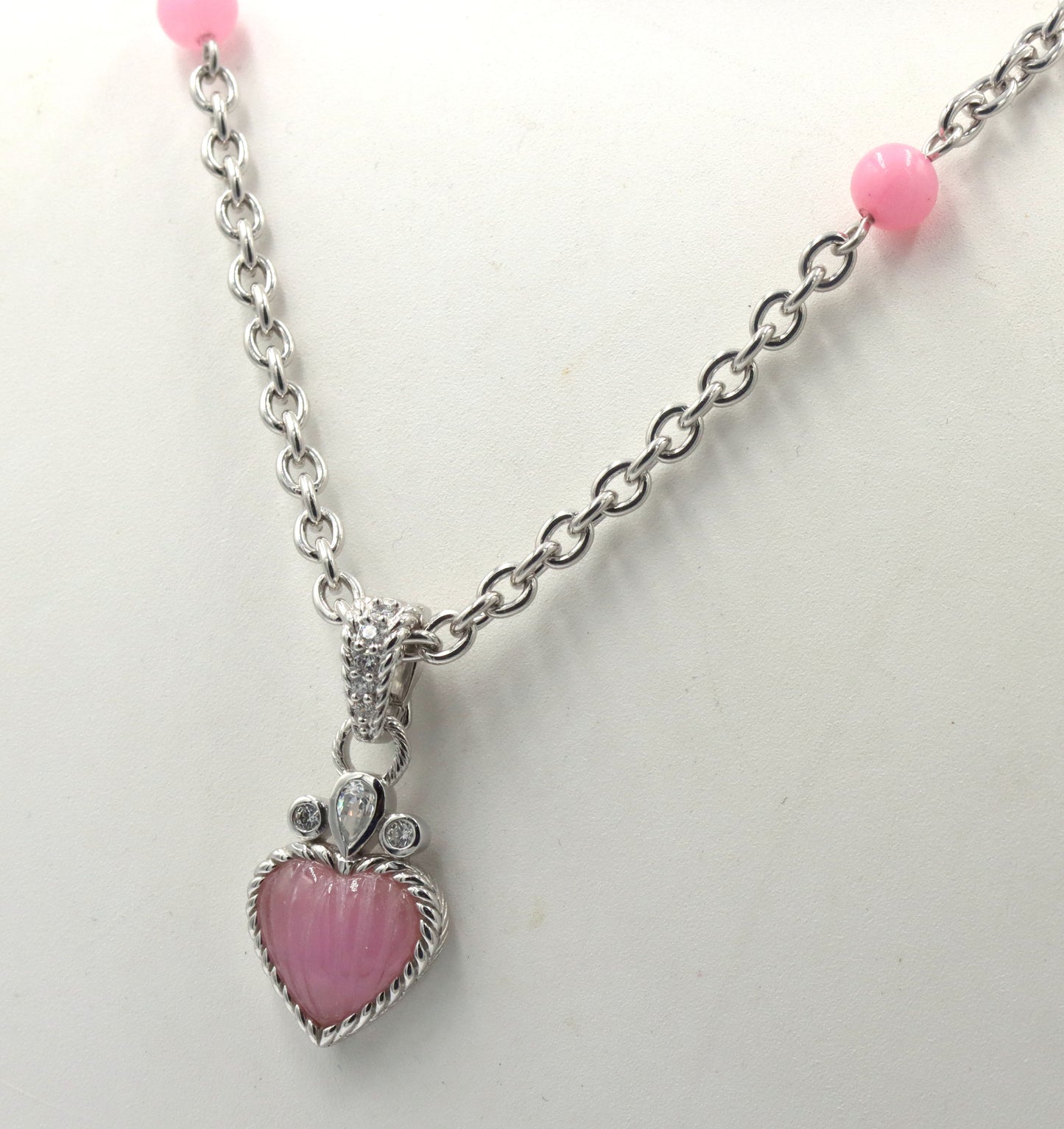 Judith Ripka pink chain necklace with pink heart enhancer