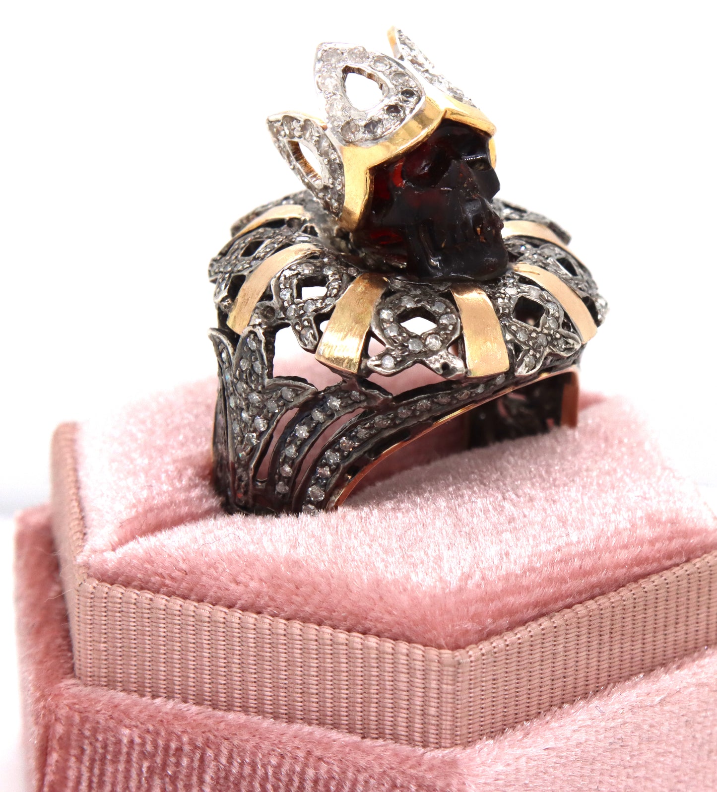 Gent's carved stone skull silver and 10kt gold diamond ring